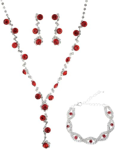 FDEETY Gioielli Donna Gioielli con Strass Collana Orecchini Bracciale Set con Cristallo Gioielli da Sposa per Donne e Ragazze Anniversario Valentino (Rosso)