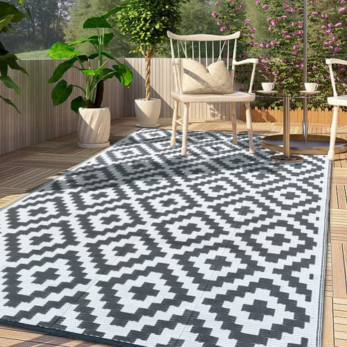 CHOSHOME Outdoor Rug for Garden 180x270CM Large Outdoor Rugs Waterproof Camping Carpet Portable Carpet Woven Rug Easy Cleaning Recycled Balcony Rugs Geometric Mat for Picnic Beach BBQ Grey