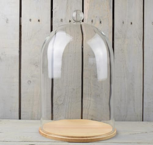 EMH Campana circular de cristal grande hecha a mano con perilla y base de madera natural, 40 x 25 cm