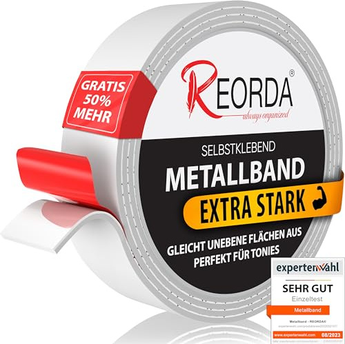 REORDA® Metallband selbstklebend Weiß - Ideal für Tonies®-Figuren & -Regale (EXTRA STARK) - Magnetband für Magnete I Ferroband I Magnetband selbstklebend I Eisenband