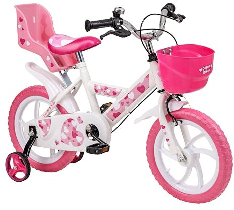 Baroni Toys Bicicletta Bambine Rosa con Design Sile Cuori con Ruote Tassellate, Porta Bambola e Rotelle Incluse, Bici Bambini da 4 a 7 Anni in Acciaio con Cestino, Rosa, Cuori, Misura 14