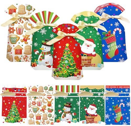 50 Stück Weihnachtssäcke Klein,15x23cm Folie Weihnachtsbeutel Geschenkbeutel mit Kordelzug für Weihnachten,Wiederverwendbare Geschenktüten für Süßigkeiten Kekse Geschenke Weihnachten,Geburtstag Party