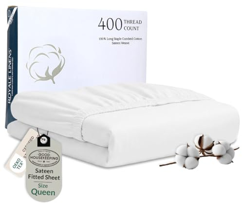 Royale Linens 400 Thread Count 100% American Grown Cotton Fitted Sheet Queen Size - All Around Elastic Fitted Sheet - Luxury Sateen Weave - Snug Fit Bottom Sheet Fit Up To 16 (Queen, Signature White)