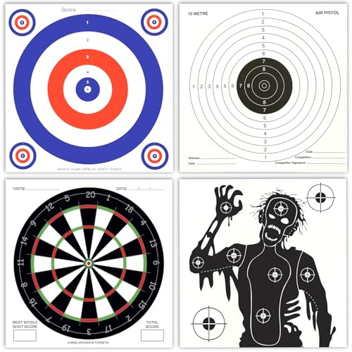 Paper Targets 100 Pack (25 of Each Design) Air Gun Pistol Rifle Pellet 14x14cm 100gsm Fun Shooting Gun Training Practice Airsoft Black/White (4 Designs)