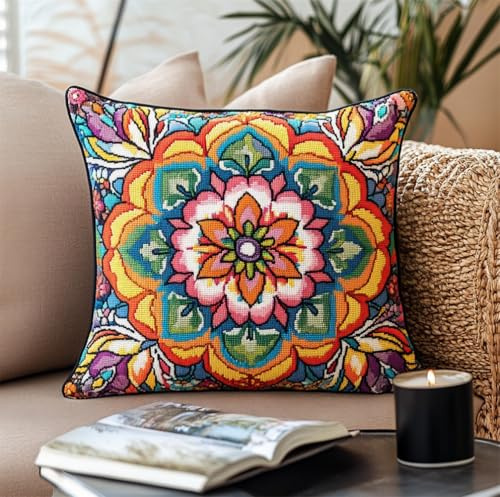 Hdfvlfdsa 11Ct Kit Artigianale Cuscino Punto Croce Per Regalo Fiore Di Mandala Colorato Esotico Decorativi Accessori Per Lavoretti Creativi Diy Casa Decor Hobby Adulti Cross Stitch Ca. 45 X 45 Cm