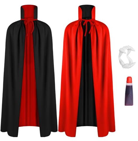 AOOWU Largo Disfraz Vampiro, Vampiro Capa para Mujeres Hombres, Cuello Alto, Desgaste de Doble Cara, Capa de Mascarada con Dentaduras Postizas, Diademas y Pegatinas para Tatuajes
