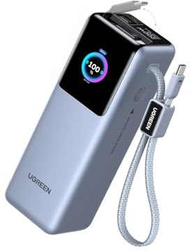UGREEN Nexode Pro Power Bank 25000mAh 200W mit 2 Integrierten USB-C Kabeln | 68cm einziehbares Kabel, 3x USB-C+1x USB-A, TFT Display, für Reisen/Büro, Kompatibel mit MacBook, iPhone