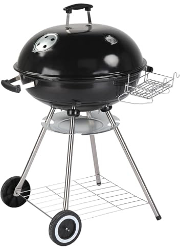 Bonnlo Classic Kettle Barbecue - 54cm Grill Area, Charcoal BBQ Grill with porcelain-enameled lid, Adjustable Vent, Integrated Thermometer, Shelf, Wheels - Black