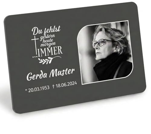 Jung Edelstahl Design Personalisierte Gedenktafel mit Foto & Text – Edelstahl V2A mit Acryl-Oberplatte, wetterfest – Andenken für Grab, Erinnerung & Trauer (Anthrazit, Teilweise abgerundet)