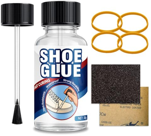 JOYAONE Colle Pour Chaussures 30ml, Réparation Semelles, Cuir, Caoutchouc, Tennis, Bottes, Adhésif Fort Résistant à l’Eau et Flexible, Livré avec Élastiques Maintien e Papier de Verre