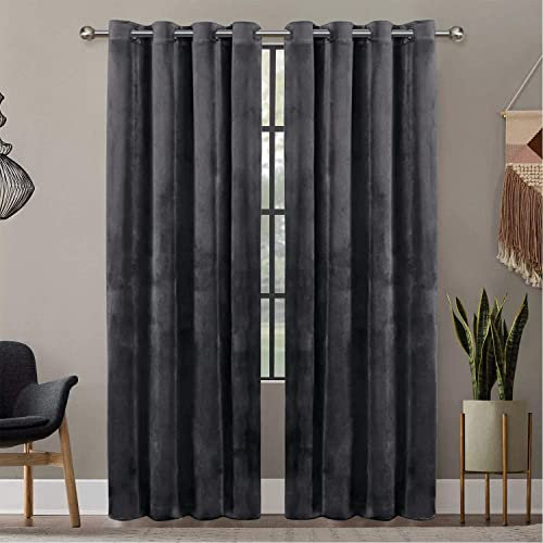 Oxford Homeware Charcoal Blackout Curtains for Bedroom – Super Soft Crushed Velvet Eyelet Curtains - Thermal Insulated Curtain for Living Room with 2 Tie Backs - 46”x54” (116cm x 137cm)