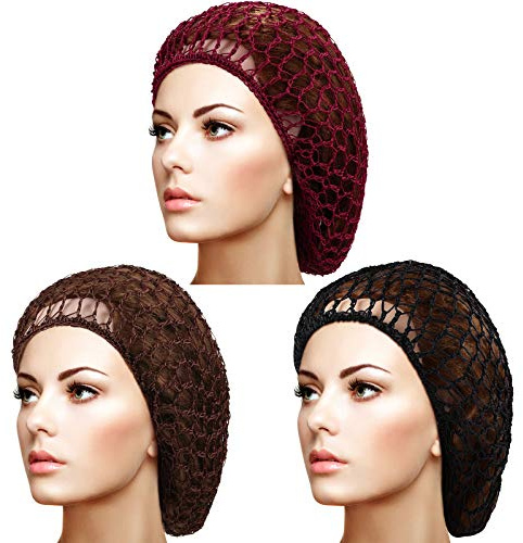 Giugu 3 Pieces Mesh Hair Net Soft Rayon Knit Snood Hat Sleeping Crochet Hairnet Long Snoods Cover Crocheted Cap Covers for Women Accessories Black Wine Red Light Brown Count Pack of 1