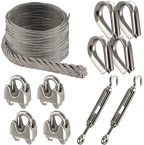 OPIOL QUALITY® 30m Drahtseil 7x7 mittelweich 4mm, 4x Drahtseilklemme ähnl. DIN 741 4mm, 4x Kausche 4mm ähnl. DIN 6899, 2x Spannschloss Auge/Haken M6 Sonnensegel Set Edelstahl A4 Hanging Kit Klemme
