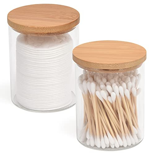 BKYFPQ 2 Pack Glass Qtip Holder Dispenser Set - Apothecary Jars with Lids - Vanity Makeup Organizer and Bathroom Canister Storage Organizer for Cotton Ball, Swab, Round Pads,Floss