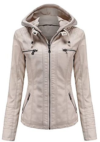DISSA Blouson moto femme simili cuir courtà capuche,EU 36-52 | capuche à cordon amovible,multi poches zippées,poignets finis,voyage urbain,extérieurléger