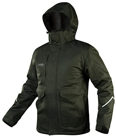 NEO TOOLS Camo-Arbeitsjacke Herren, dunkelgrün, 100% Polyester, TPU-Membranbeschichtung, Wasserdicht, Kapuze, hoher Kragen, profilierte Ärmel, Taschen, reflektierende Elemente (XL)
