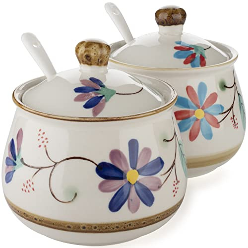 Juego de 2 azucareros de porcelana con tapa y cuchara, recipiente de almacenamiento para azúcar, sal, especias, pimienta, condimento (estilo 2)