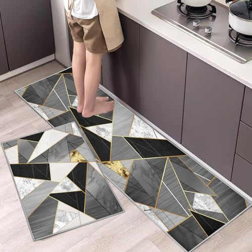 Hoimlm Küchenteppiche 2 Stück, Rutschfestes Küchenmatten,Wasser und Öl aufnehmen Küche Matten Fußmatte Teppich Set,Staubdicht Fußmatte für Drinnen (Schwarze Geometrie, 43x75+43x150cm)