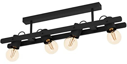 EGLO Deckenstrahler Plimsoll, 4-flammige Deckenlampe mit schwenkbaren Spots, Deckenleuchte aus Holz und Metall in Schwarz, FSC100PA, Deckenspot mit E27 Fassung