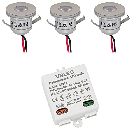 3er Set 1W Mini-Einbauspot Inkl. 12W Nicht dimmbar LED Trafo IP65 wasserdicht 12V DC