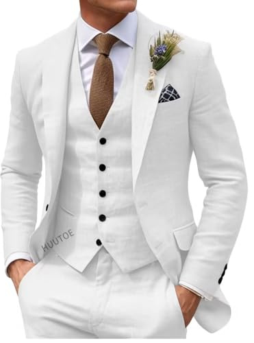 HUUTOE Costume 3 pièces en lin pour homme, costume d'été décontracté pour garçons d'honneur, costume d'été décontracté en lin, gilet et pantalon de smoking, blanc, Taille M