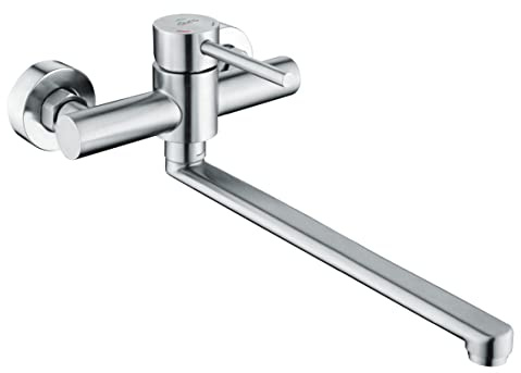 DURO Küchenarmatur Acero, aus Gebürstetem Edelstahl ohne Stopfen, Wassersparend, Einhebel-Zweiloch-Wandbatterie mit Beweglichem Auslauf 25 cm, Durchflussklasse A, Geräuschklasse II