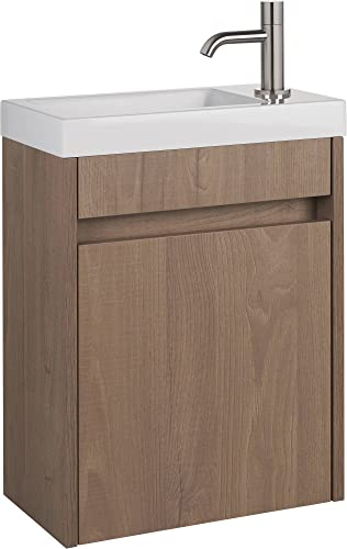 Saqu Florence Gäste WC Waschbecken mit Unterschrank Vormontiert - in Braun mit Mineralmarmorwaschbecken und Edelstahlhahn - Kleines Gäste WC Bad Möbel mit Waschtisch