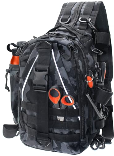 DEILAI Angelrucksack, leichte Angeltasche, viel Stauraum, Angelbox, Rucksack mit Rutenhalter, Fliegenfischen, Geschenke für Männer und Frauen, Schwarz und Weiß, schwarz und grau, 1, Angelrucksack