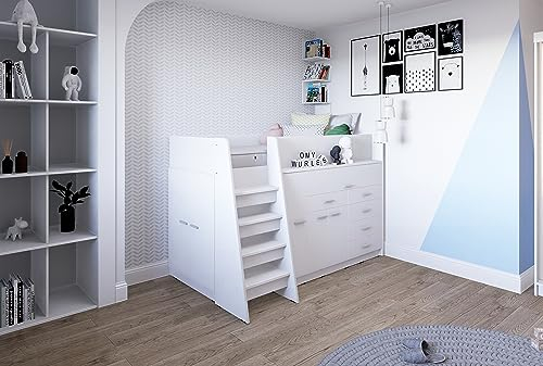 Marlux-Meble Hochbett JSM-1 80x190 TREPPE Links 129 cm Hoch mit Kleiderschrank Schreibtisch Schränke Matt Funktionsbett Etagenbett Stockbett Kinderhochbett Jugendhochbett (Weiß Matt)