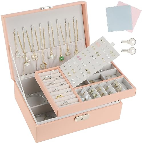 TEIVUL Schmuckkästchen,Damen 2-schichtige Schmuckaufbewahrung,PU-Leder Schmuckkasten mit Schloss,geeignet für Halsketten,Ringe,Ohrringe,Armbänder,Jewelry Organizer für Frauen und Mädchen (rosa)