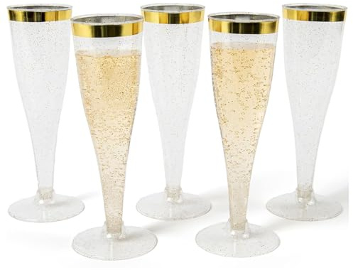 Prestee 48 Disposable Plastic Champagne Flutes With Gold Rim Glitter - Clear Toasting Glasses for Mimosa, New Year’s Eve Party, and Elegant Celebrations - Premium Quality Disposable Stemware