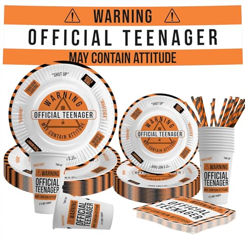 Teenager Birthday Decorations Serves 12, Paper 13th Party Cups 12 oz 300ml, Large Small Plates, Napkins, Straws, Banner - Official