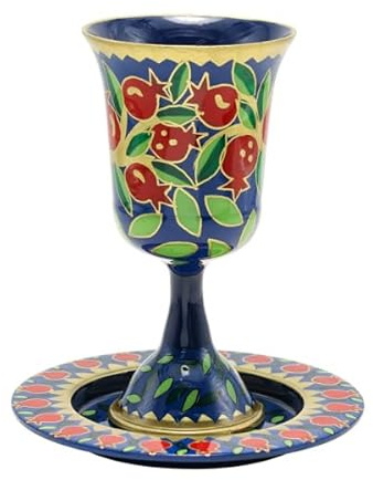 Yair Emanuel Buntes Kiddush-Tassen-Set für Shabbat und Yom Tov | handbemaltes Design | Metall-Weinkelch Judaica Geschenk (Granatäpfel CAJ-3)