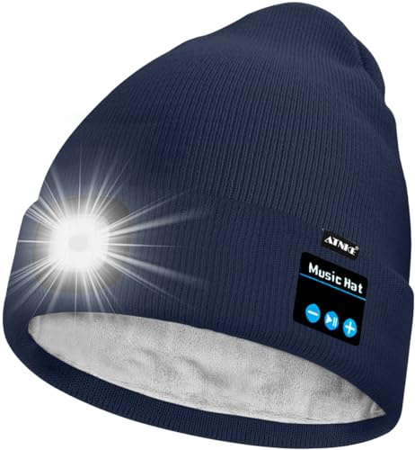 ATNKE Unisexe LED Bluetooth Bonnet Lampe Frontale,USB Rechargeable 4 LED Musique Parleur Chapeau de Course Lumière Chaud Polaire Doublée Tricot Bonnet Cadeaux pour Hommes et Femmes/Light NavyBlue