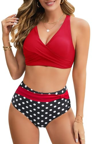 UMIPUBO Costume da Bagno Donna A Vita Alta Due Pezzi Bikini Set Push Up Costumi da Mare Bikini Top Imbottito Reggiseno Abiti da Spiaggia Regolabile Beachwear Swimwear (Rosso, XL)