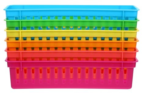 Operitacx 6Pcs Plastic Pencil Holders for Desk Classroom Storage Basket Narrow Stationery Organisers Stackable Pen Containers for Home Office Kitchen
