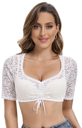 Goxozzy Blusa Dirndl Mujer,Blusa Dirndl,Blusa Dirndl Encaje,Blusa Dirndl,Blusa Dirndl Cuello Lanza Manga Corta (FR/ES, Numeric, 36, Regular, Regular, Blanco)