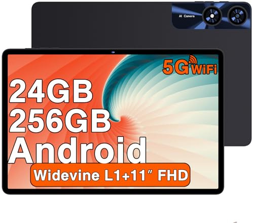 Tablet 11 Pulgadas Android con 24GB RAM + 256GB ROM (2TB TF), Widevine L1, 5G WiFi, Bluetooth 5.0, Octa-Core 2.0 GHz, 8000mAh, 5MP + 13MP, 1280 * 800, Facial ID, Tipo C, AGPS, Tablet con Funda - Black