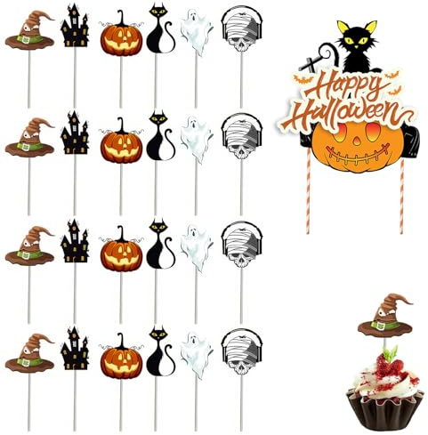 DHWEKU Halloween Cupcake Topper,25 Stück Halloween Cupcake Dekorationen,Große Kuchendekoration und Halloween Cupcake Wrapper Dekorationen, für Halloween oder Geburtstagspartys