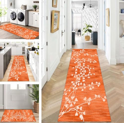 ZUZEKU Tapis de couloir, cuisine, lavable, antidérapant, 50 x 200 cm, orange, long, tapis de cuisine, couloir, salon, chambre à coucher, vendu au mètre, personnalisable