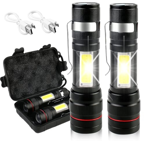 2 stycken LED-ficklampor: 2 000 lumen mini ficklampor, camping handlampa med 5 lägen, superljusa ficklampor USB uppladdningsbar, bärbar och IPX5 vattentät för camping vandring nödsituationer