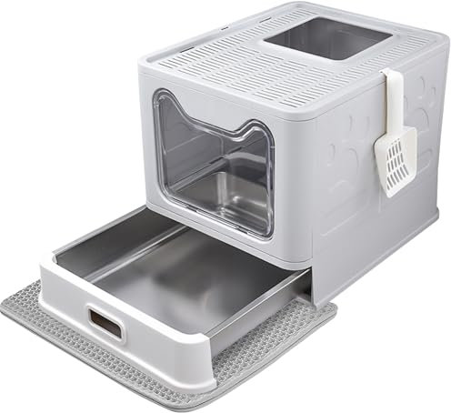 Tehoao Enclosed Cat Litter Box with Lid Top Exit Covered Metal Stainless Steel Litter Box Leak Proof & Odorless Easy to Clean Including Cat Litter Scoop and Litter Mat