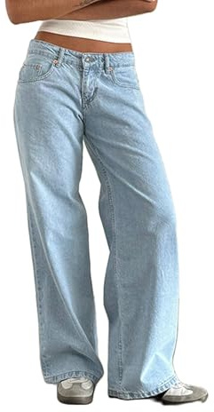 Fiacafyo Pantaloni da donna Y2K a vita bassa, modello baggy, jeans dritti, gamba larga, pantaloni boyfriend in denim, pantaloni casual a vestibilità sciolta, streetwear, Blu chiaro., S