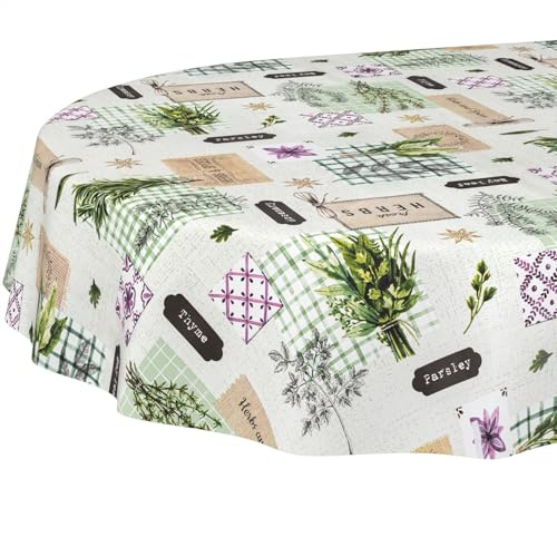 ANRO Wachstuchtischdecke Wachstischdecke Wachstuch Tischdecke abwaschbar Gartentischdecke Wasserabweisend Oval 180x140cm Schnittkante Kräuter Grün