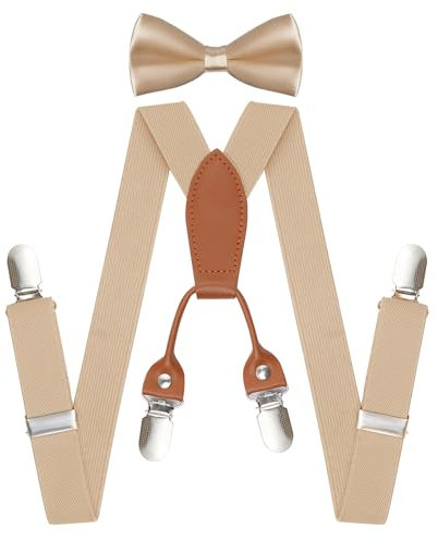 jerbro Hosenträger mit Fliege Set für Kinder Jungen Mädchen Körpergröße ca 1-8 Jahre Geburtstagsfeier Party Tägliches Tragen Kostüm Zubehör (beige)