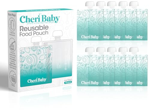 CheriBaby Lot de 10 pochettes alimentaires réutilisables pour bébé en plastique sans BPA, de qualité alimentaire, passent au congélateur, poche à presser rechargeable pour compote de pommes, yaourt et