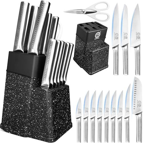 XYJ Set de couteaux de cuisine avec support de couteau, bloc à couteaux, set de couteaux de chef japonais professionnels avec poignée ergonomique antidérapante, couteaux à trancher en acier inoxydable