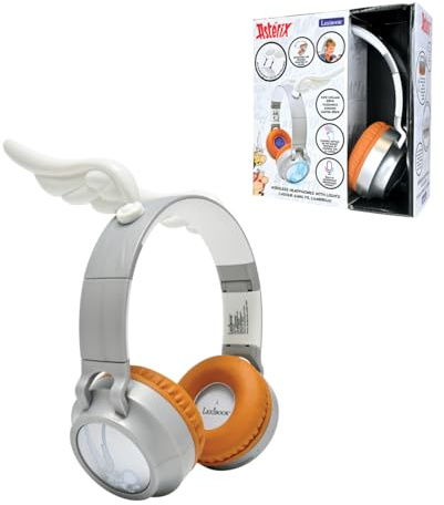 LEXIBOOK, Asterix, Auriculares Bluetooth, HPBT015AX | Bluetooth y cable 2 en 1, diseño 3D, luces, volumen limitado, plata/blanco