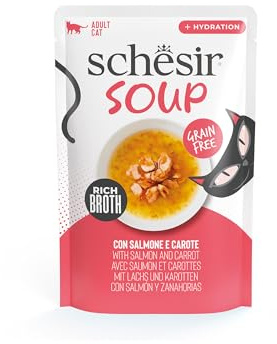 Schesir, Sopa con Filetes de Salmón y Zanahorias, Cibo Húmedo Complementario para Gatos, Receta Original, 100% Natural, Cruelty-Free, 12 x 40g