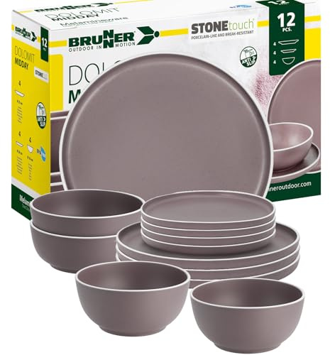 BRUNNER Melamin Geschirr-Set Camping 12-Teilig DOLOMIT Midday Stapelbar | Antislip (Antirutsch), 2-4 Personen, wie Steingut (StoneTouch), Bruchfest, Teller & Schüsseln, Wohnmobil Wohnwagen Boot